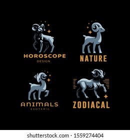 Aries, goat, ram with big horns. Set of vector illustration.
