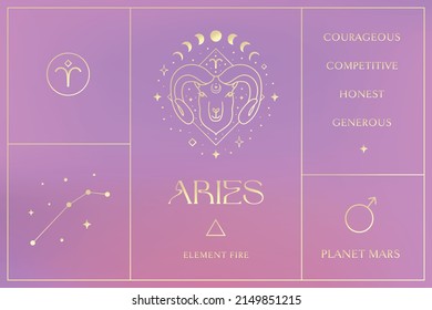 Aries Gold Zodiac Sign Design, Esoteric Abstract Logo, Mystic Spiritual Symbols, Icons. Astrology, Moon and Stars, Magic Esoteric Art.