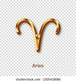 Aries golden zodiac sign on transparent background. Luxury star sign for astrology horoscope prediction. Glossy zodiac symbol. Realistic gold design of horoscope constellation vector illustration