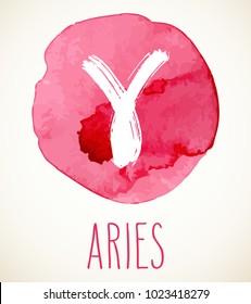 Aries hand drawn Zodiac sign illustration over red watercolor circle. Vector graphic astrology symbol design element isolated over white.