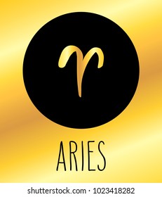Aries hand drawn Zodiac sign illustration. Vector graphic astrology symbol design element in black over golden background.