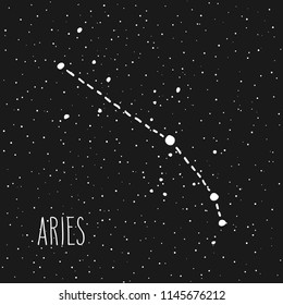 Aries - hand drawn Zodiac sign constellation in white over black starry night sky. Vector graphics astrology illustration. Western horoscope mystic symbol.