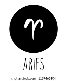 Aries hand drawn zodiac sign. Astrology design element. Vector graphic illustration in black circle isolated over white.