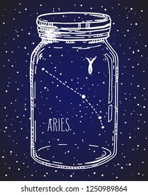 Aries hand drawn Zodiac sign constellation in a mason jar. Vector graphics astrology illustration. Western horoscope mystic symbol over starry night sky.