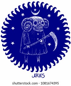 Aries Horoscope Astrology skeleton character. Zodiac sign with stars in circle isolated on the white background. Vector illustration EPS 10 format.
