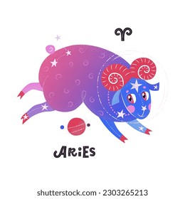 Aries horoscope character with zodiac sign and handlettering. Cute vector illustration EPS 10.