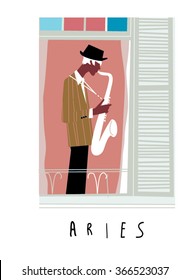 Aries horoscope sign. A man playing saxophone. Open window view.