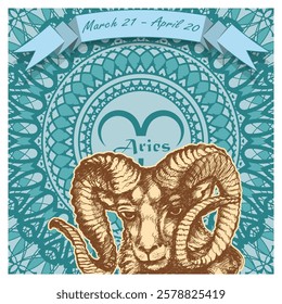 Aries horoscope sign on an openwork background with a ribbon on top and dates. Mix of styles. Poster, decorative panel or other. Vector illustration