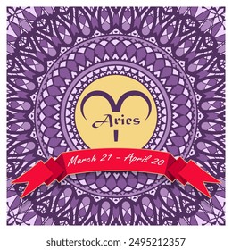 Aries horoscope sign in an openwork decorative frame with a ribbon and an inscription. Emblem, poster, decorative panel. Vector illustration