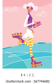 Aries horoscope sign. Roller blading girl. Vector illustration 