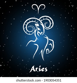 Aries horoscope sign in twelve zodiac with galaxy stars background, graphic of wireframe sheep 