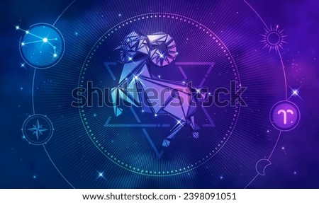 Aries horoscope sign in twelve zodiac with galaxy stars background, graphic of low poly goat character with futuristic astrological element