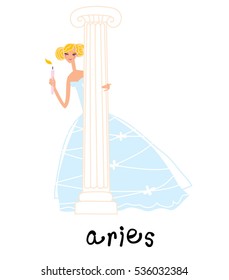 Aries horoscope sign as the woman wearing classic vintage dress and holding a candle. Vector illustration.