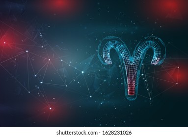 Aries horoscope symbol on an abstract gray blue background with red flashes