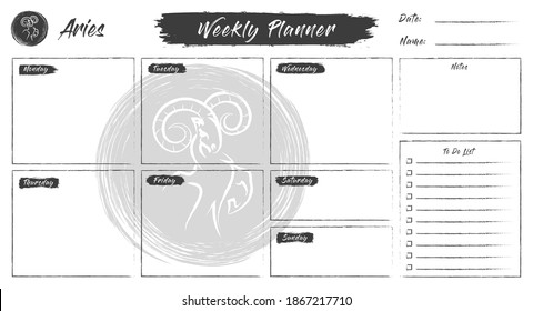 Aries  horoscope weekly planner. Zodiac sign. Planners bundle: daily, weekly, monthly planner, to-do list, goals, notes template. Astrologist organizer paper sheet. Vector illustration.