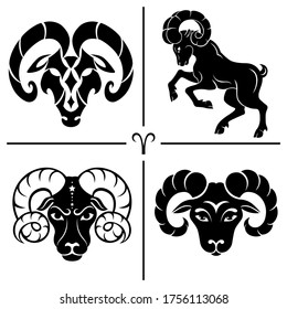 Aries. Horóscopo. Signo zodiaco. Conjunto de siluetas vectoriales en cuatro estilos diferentes.