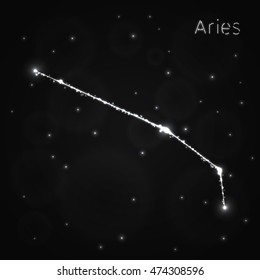 Aries Illustration Icon, Lights Silhouette on Dark Background. Glowing Lines and Points