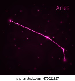 Aries Illustration Icon, Lights Silhouette on Dark Background. Glowing Lines and Points