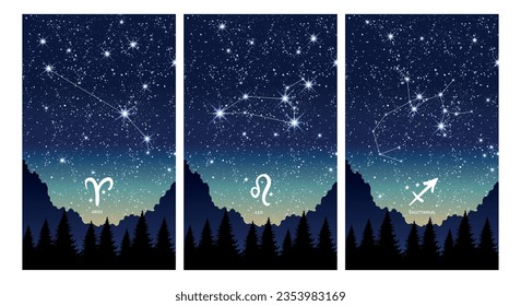 Aries, leo and sagittarius, fire elements. Set of astrology cards, zodiac signs. Alchemical symbols on the background of the starry sky and night landscape, vector illustration with a gradient.