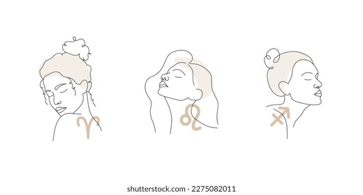 Aries, Leo, Sagittarius. Fire zodiac signs with linear female faces. Astrological icons on white background. Mystery and esoteric. Vector illustration. Horoscope symbols for tarot cards, calendars.