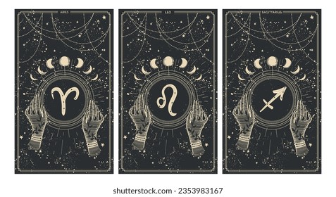 Aries, leo, sagittarius zodiac signs, fire elements, hand drawn horoscope card set on black background. Mystical Vector vintage illustration.