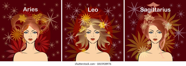 Aries, Leo, Sagittarius.Fire zodiac signs.Beautiful space woman with fiery hair.Vector abstract graphic design.
	
