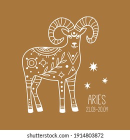 Aries. Signo de zodiaco lineal. Concepto de astrología. Animales de contorno místico Doodle. Arte de línea abstracta boho. Símbolos brutales y esotéricos. Ilustración dibujada a mano para imprimir, afiche, tatuajes, tarjetas, horóscopo