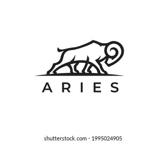 Aries logo concept. Zodiac ram line icon. Goat symbol. Horned animal sign. Vector illustration.