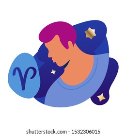 Aries man zodiac and horoscope concept. Modern vector art with man profile. Illustration for horoscope and astrology apps, dating websites, astrology predictions.