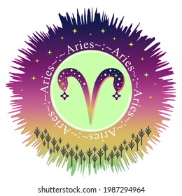 Aries moon sign. Zodiac sign label. Astrology vector. Aurora gradient burst. Stars pattern. Horoscope symbol. Vedic sign title. Astrology badge. Astronomy sticker. Stock illustration.