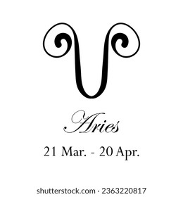 Aries with name and dates. Horoscope with 12 zodiac signs. From March 21 to April 20. Astrology, fortune telling, constellation, stars, ascendant, pseudoscience, natal chart. Italic style