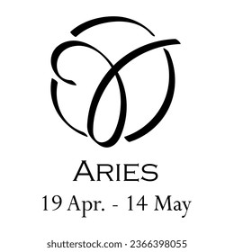 Aries with name and dates. New horoscope with 13 zodiac signs. From April 19 to May 14. Astrology, fortune telling, constellation, stars, ascendant. Casual style with black strokes