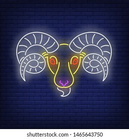 Aries neon sign. Ram, sheep, head. Astrological sign concept. Vector illustration in neon style, glowing element for topics like zodiac, horoscope, astrology