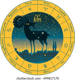 Aries on the background urban night landscape and the starry sky in circle with the signs of the zodiac