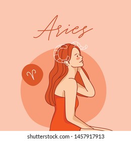 Aries : Pretty girl with horoscope sign on pastel background :Vector Illustration