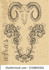 Aries or Ram Zodiac Sign and fantasy mascot on texture. Collection of characters and astrological symbols in victorian style. Vector line art illustration for Horoscope, Esoteric and Mystic design