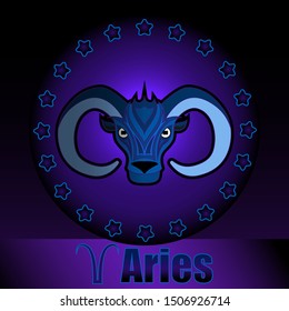 Aries in round frame with stars cartoon illustration of astrology sign, March- April month, zodiac symbol, Ram head creative illustration. 