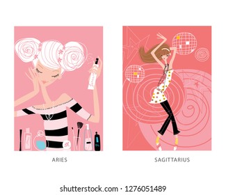 Aries and sagittarius horoscope signs. Vector illustration