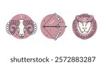 Aries, sagittarius, leo, fire element zodiac signs. Horoscope mystical symbols. Line art.