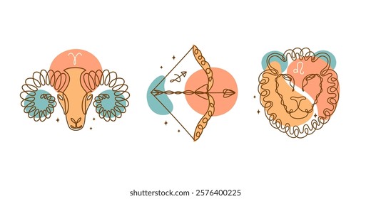 Aries, sagittarius, leo, fire element zodiac signs. Horoscope mystical symbols. Line art.