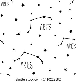 Aries. Seamless pattern with zodiac sign, stars and constellations. Simle minimalistic hand drawn astrological vector texture for textile, fabric, paper. Black and white, monochrome background. 