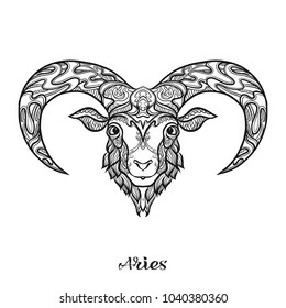 Aries, sheep, ram Zodiac sign. Astrological horoscope collection. Outline vector illustration. Outline hand drawing coloring page for the adult coloring book. 