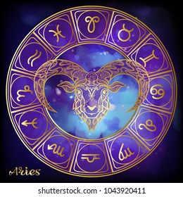 Aries, sheep, ram Zodiac sign. Astrological horoscope collection. Gold on ultra violet space  background. Vector illustration