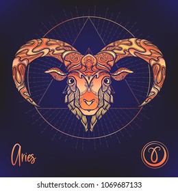 Aries, sheep, ram Zodiac sign. Astrological horoscope collection. Multicolor on black dackground. Vector illustration