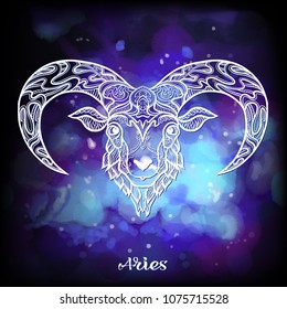 Aries, sheep, ram Zodiac sign. Astrological horoscope collection. White on dark  blue and ultra violet space  background. Vector illustration