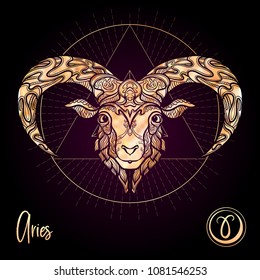 Aries, sheep, ram Zodiac sign. Astrological horoscope collection. Rose gold on black dackground. Vector illustration