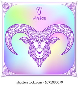 Aries, sheep, ram Zodiac sign. Astrological horoscope collection. Violet on soft ultra violet space  background. Vector illustration