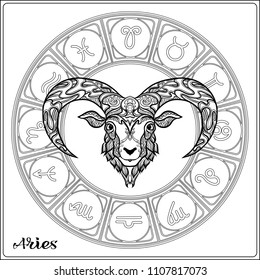 Aries, ovejas, carnero Zodiaco. Colección de horóscopos astrológicos. Dibujo vector de esquema. Esquema de página de coloreado manual para el libro de colorear adulto. 