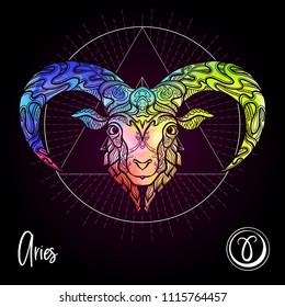 Aries, ovejas, carnero Zodiaco. Colección de horóscopos astrológicos. Multicolor en el fondo negro. Ilustración del vector