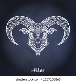 Aries, sheep, ram Zodiac sign. Astrological horoscope collection. White on dark  blue, black space  background. Vector illustration